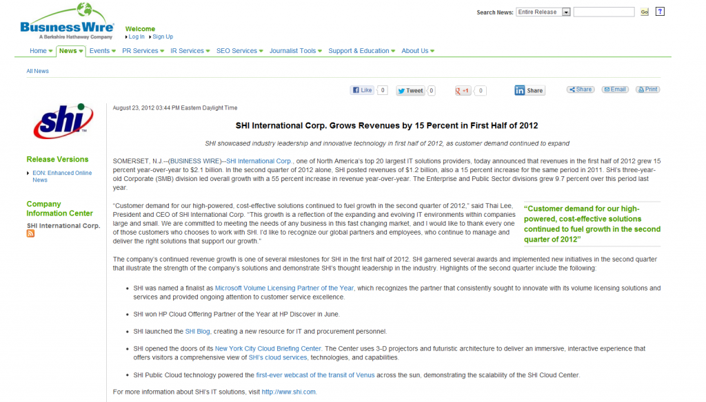 SHI announces Q2, mid-2012 revenue