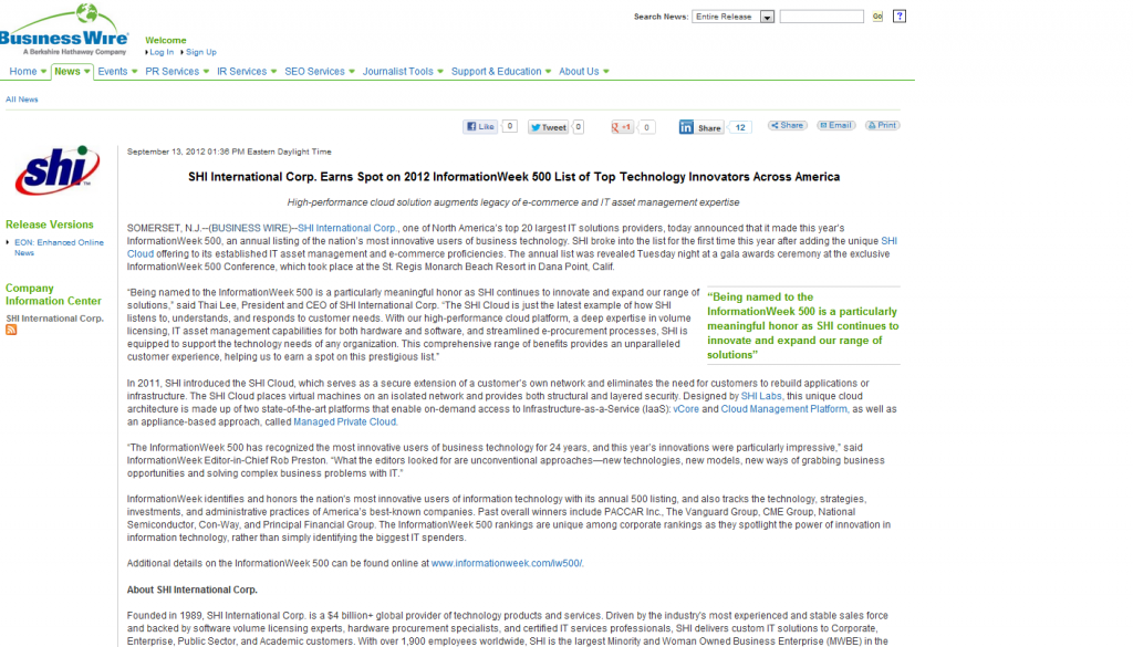 SHI-InformationWeek-500 SHI named to InformationWeek 500