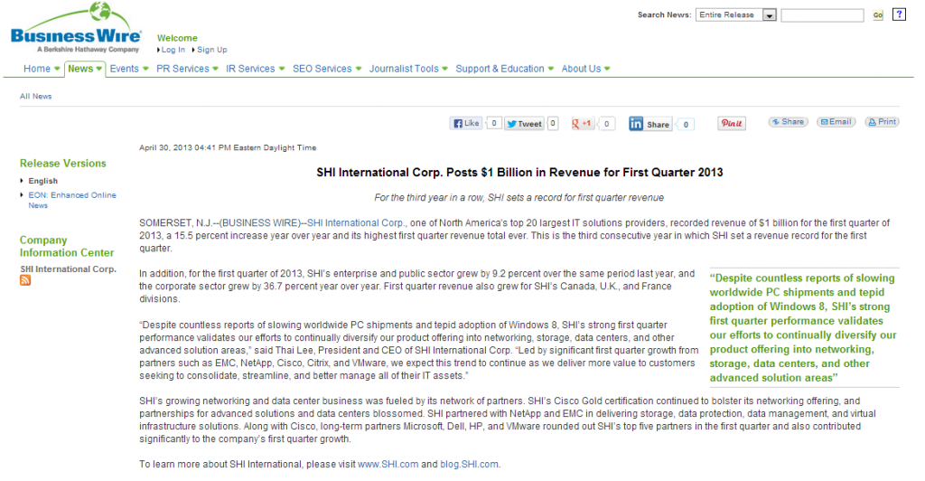 SHI International Corp. Posts $1 Billion in Revenue for First Quarter 2013