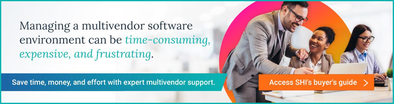 Banner that says "Managing a multivendor software environment can be time-consuming, expensive, and frustrating", with a button to access SHI's buyer's guide