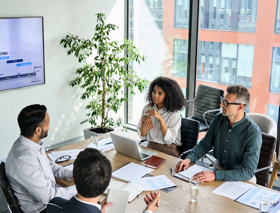 Responsible AI - three business men and a business woman sit in a meeting room with laptops on the desk, a plant in the background